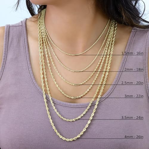 Nuragold 10K Real Yellow Gold Rope Diamond Cut Chain Lightweight Necklace - 18",1.5mm