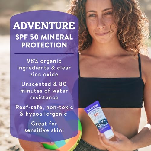 Badger Reef Safe Mineral Sunscreen, SPF 50, 98% Organic with Zinc Oxide, Non Toxic, Water Resistant, Unscented & Hypoallergenic, Broad - Spectrum, For Adventure & Sport, 2.9 fl oz