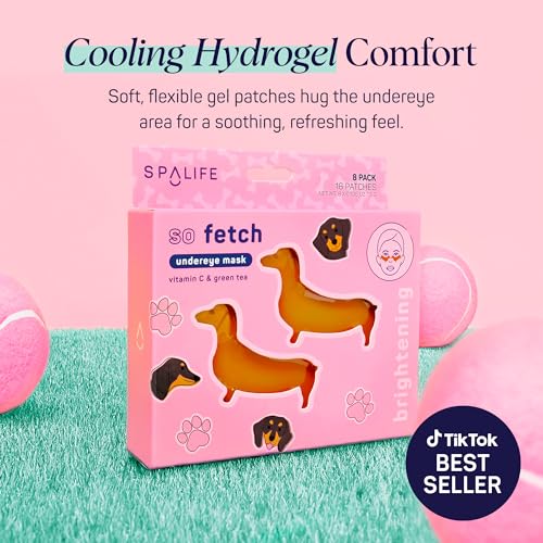 SpaLife So Fetch Hydrogel Under Eye Patches for Dark Circles | Dachshund Under Eye Patches for Puffy Eyes | Weiner Dog Undereye Bags and Puffiness Removal | Bachelorette Party Favors | 8 Pairs