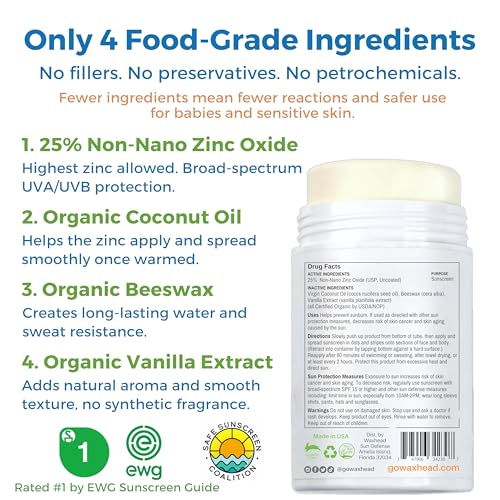 Waxhead Reef Safe Zinc Oxide Sunscreen Stick SPF 30, Face, Kids, Big 3.7oz