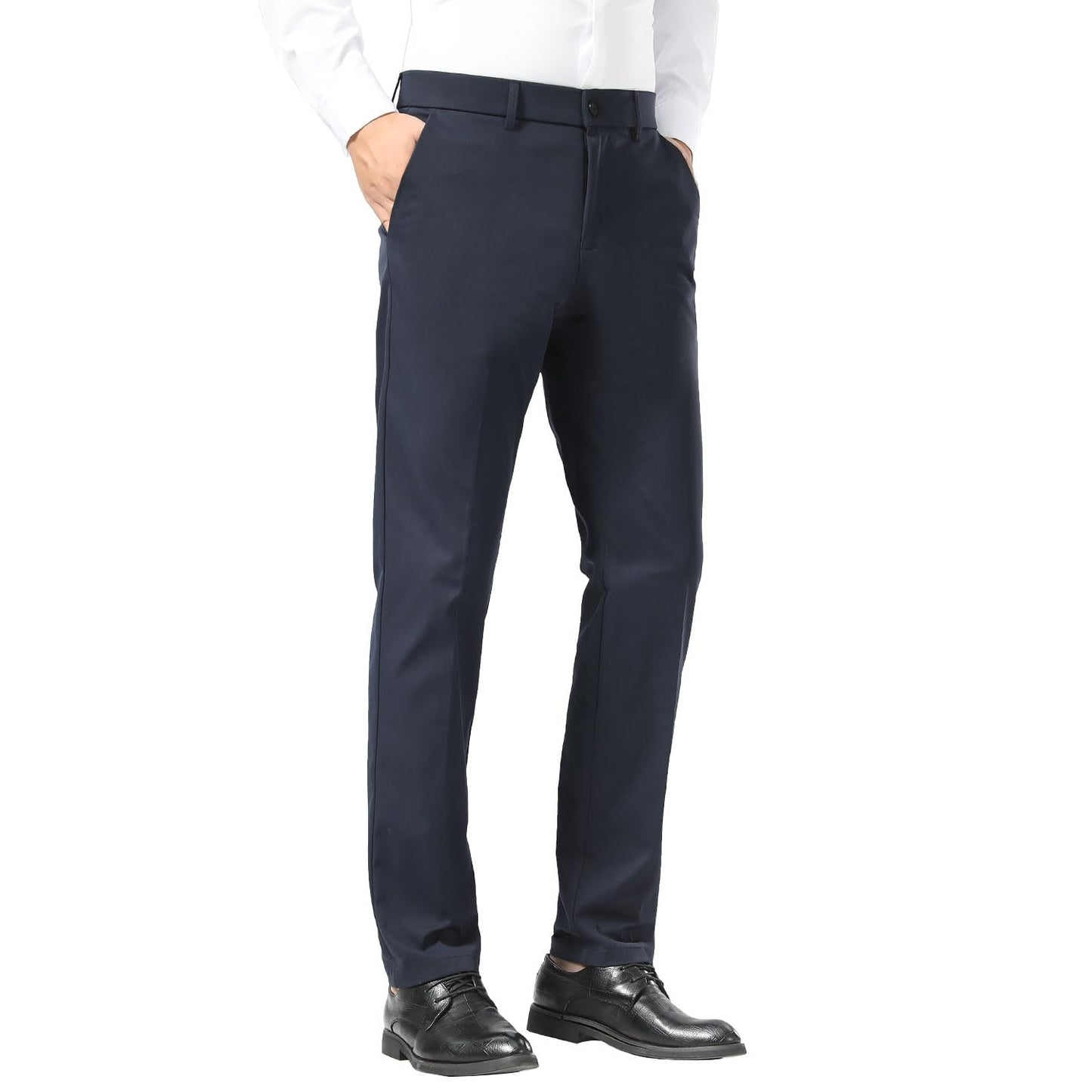 Plaid&Plain Men's Dress Pants Slim Fit Stretch Khaki Pants Wrinkle Free 8802 Navy Blue 32x30