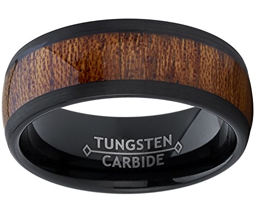 Men's Women's Black Tungsten Carbide Wedding Band Engagement Ring, Real Wood Inlay, Comfort Fit 8mm 10.5
