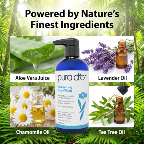 PURA D'OR 16 Oz Awakening Body Wash with Aloe Vera, Chamomile, Lavender, Tea Tree and Natural Nutrients - pH Balanced for Moisturized Soft, Fresh-Feeling Skin, All Skin Types, Men & Women