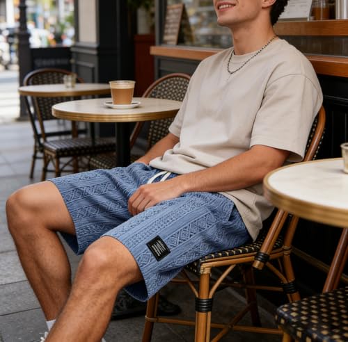 LOVESHOOT Shorts for Men Casual Summer Drawstring Elastic Waist Beach Short Loose Fit Jacquard Texture with Side Pockets White L