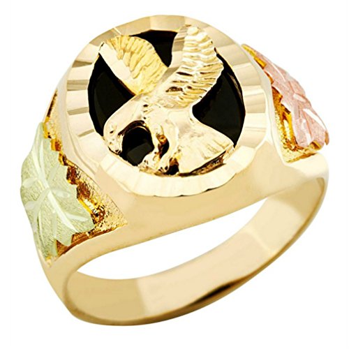 Men's Eagle Ring with Oval Onyx, 10k Yellow Gold, 12k Green and Rose Black Hills Gold Size 10.5
