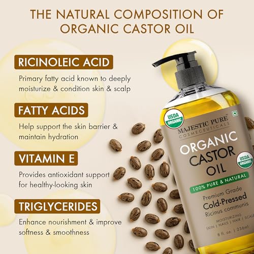 Majestic Pure USDA Organic Castor Oil, 100% Pure & Natural Body Oil -8 FlOz