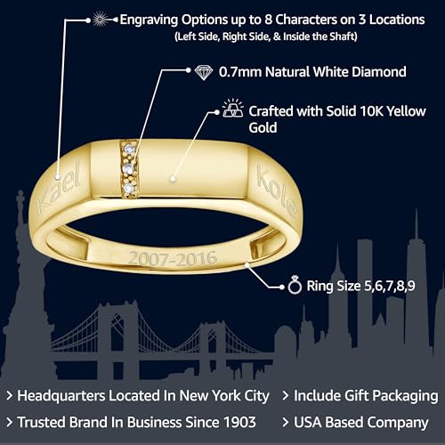 Gem Stone King Men's Custom Engraving Lazer Cut 10K Solid Yellow Gold White Diamond Wedding Anniversary Ring for Men| Size 11