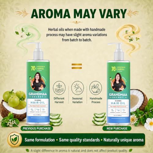 NIDHI’S GRANDMAA SECRET 13 Herbs Hair Oil for Hair Growth & Hair Fall Control Handmade Oil with Aloe Vera, Curry Leaf & Amla For Dry, Damaged, Frizzy Hair Men & Women – 100 ml (Pack of 1) Multicolor