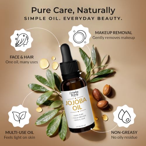 Jojoba Oil - 100% Pure, Cold Pressed, All Natural Carrier Oil for Face, Skin, Hair, Nails, Massage & DIY Beauty, Glass Bottle & Dropper 1 Fl Oz