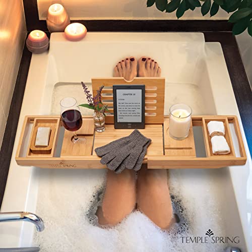 Temple Spring Bamboo Bathtub Tray Caddy for Tub — Expandable Wood Bath Tray with Solid Book Stand Wine Holder and Non-Slip Pads — Includes Bamboo Soap Dish and Spa Accessories — Luxury Bath Gift Set
