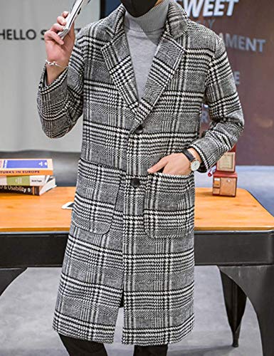 UANEO Mens Trench Coat Single Breasted Plaid Mid Long Peacoat Pea Coats (Gray, M)