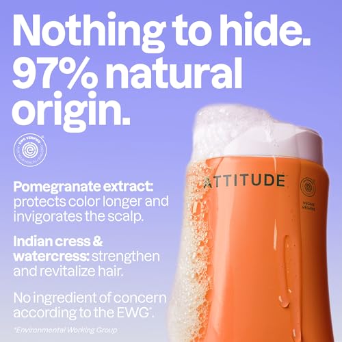 ATTITUDE Colorlast Hair Shampoo, EWG Verified, For Color Treated Hair, Protects Color, Naturally Derived Ingredients, Vegan and Plant Based, Avocado Oil and Pomegranate, 16 Fl Oz