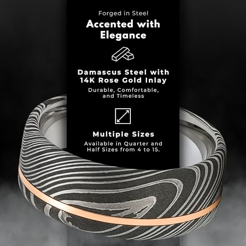 8mm Damascus Steel Men’s Wedding Band – 14K Rose Gold Inlay – Comfort Fit Ring with Polished Interior and Etched Black Grain (9)