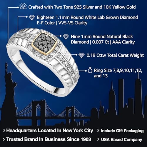 Gem Stone King White Lab Grown Diamond and Black Diamond Ring for Men | 0.19 Cttw | 925 Silver and 10K Yellow Gold | Size 7