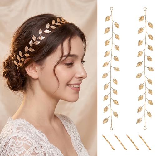 WILLBOND 2 Pcs Gold Leaf Wedding Headband Gold Leaf Headpiece Bridal Hair Vine Goddess Head Chains Acessories for Bridesmaid Flower Girls Women Roman Toga Costume, 13.5 Inch