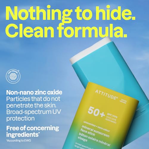 ATTITUDE Face Sunscreen Stick SPF 50, Broad Spectrum Zinc Oxide, EWG Verified, Non-Nano, Lightweight Non-Greasy, Vegan, Unscented, 0.53 oz
