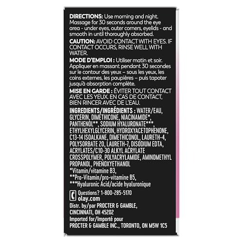 Olay Active Hydrating Eye Gel, Fragrance-Free, Anti-Aging Eye Cream with Hyaluronic Acid and Niacinamide, 0.5 oz
