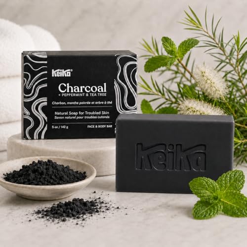 Keika Charcoal Black Soap Bar for Eczema, Psoriasis, Face, Body, Men Women Teens with Oily Skin, 5 oz.