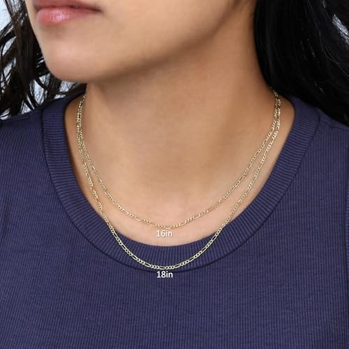 Nuragold 10k Real Yellow Gold Figaro Link 2mm Thin Chain Necklace (16"-26") - 22"