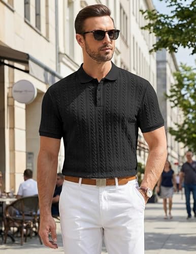 JMIERR Polo Shirts for Men Classic Fit Casual Ribbed Button Down Shirt Quiet Luxury Clothes Casual Collared Shirt, US43(L), Black
