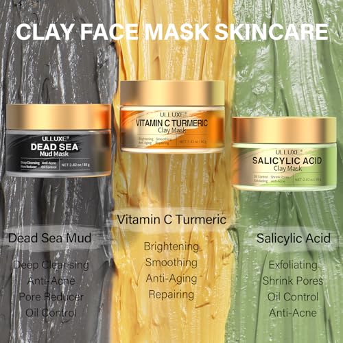 Facial Clay Mask Set - Vitamin C Turmeric Face Mask, Dead Sea Mud & Salicylic Acid (BHA) Mask for Pore Cleansing, Brightening, Blackheads & Dark Spots, Face Masks Skincare Gift for Women, 2.82 oz each
