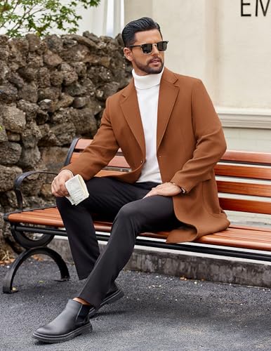 COOFANDY Mens Trench Coat Winter Casual Slim Fit Overcoat Long Single Breasted Coat Notched Collar Wool Blend Coat With Pockets
