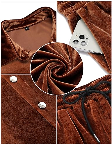 LecGee Mens Fashion Pants Set Velour Velvet Button Down Shirt Casual Fall 2 Piece Lounge 80s Outfit Tracksuit(Brown,XXL)