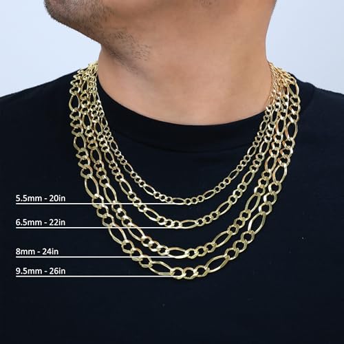 Nuragold 14K Real Yellow Gold Figaro Solid Link Chain Necklace Men & Women - 26",5.5mm