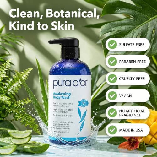 PURA D'OR 16 Oz Awakening Body Wash with Aloe Vera, Chamomile, Lavender, Tea Tree and Natural Nutrients - pH Balanced for Moisturized Soft, Fresh-Feeling Skin, All Skin Types, Men & Women