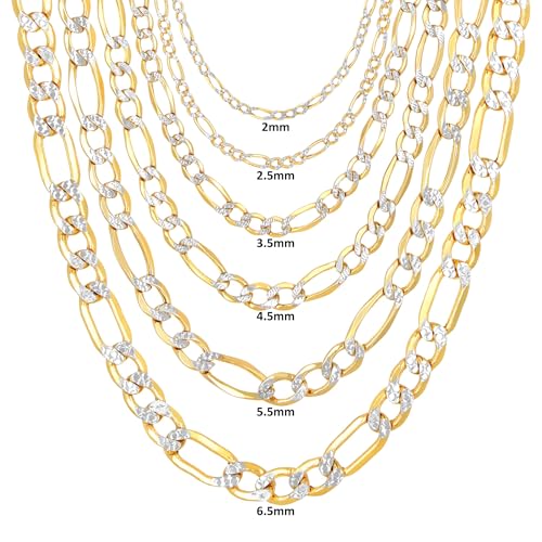 Nuragold 14k Real Yellow Gold Figaro Link Pave Diamond Cut Chain Necklace - 20",2.5mm