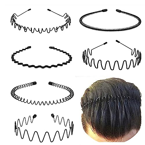 KELUBATU Mens Metal Headband, Classic Wave Hair Band Flexible Grip 6 Pcs