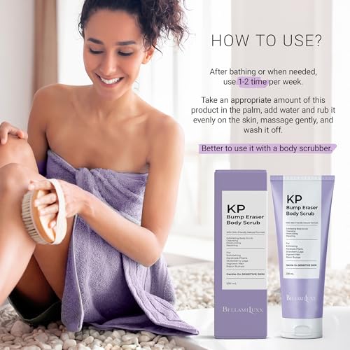 BellamiLuxx KP Bump Eraser Body Scrub: Exfoliating Keratosis Pilaris, Strawberry Skin Treatment - Smooths Rough, Bumpy, Dry Skin on Arms, Legs, Buttocks - KP Scrub Wash Helps Reduce Ingrown Hair Bumps