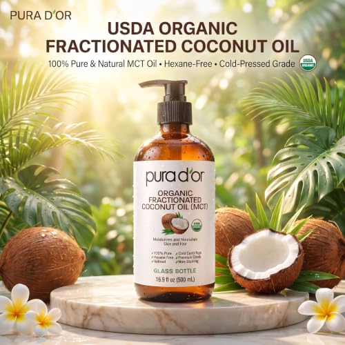 PURA D'OR ORGANIC Fractionated Coconut Oil MCT Oil (16.9 Oz GLASS BOTTLE) 100% Pure & Natural