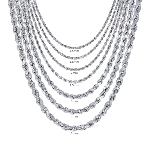 Nuragold 14K Real White Gold Rope Chain Diamond Cut Necklace (1.5mm-7mm) - 1.5mm,18"