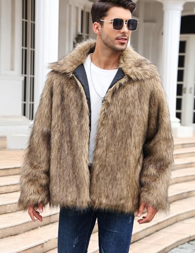 Gihuo Faux Fur Coat Winter Jackets for Men Mens Winter Coats Faux Fur Jacket Warm Fluffy Furry Trench Fake Fur Jacket (Brown-M)