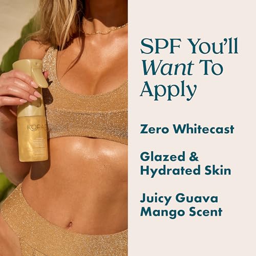 Kopari Golden Sunglaze Sheer Body Mist Sunscreen SPF 50, Infused with Shimmering Body Oil, Hydrating Mist, Hydrates, Brightens, Gives Skin a Glowy Finish, Lightweight, Fast-Absorbing.
