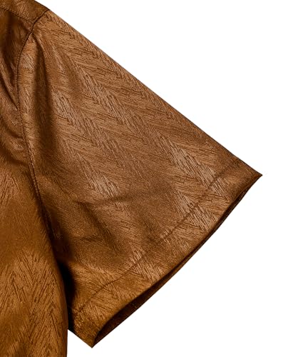ZEROYAA Men's Luxury Shiny Satin Jacquard Shirt Modern Fit Short Sleeve Button Down Shirts for Summer Party Prom Brown Large