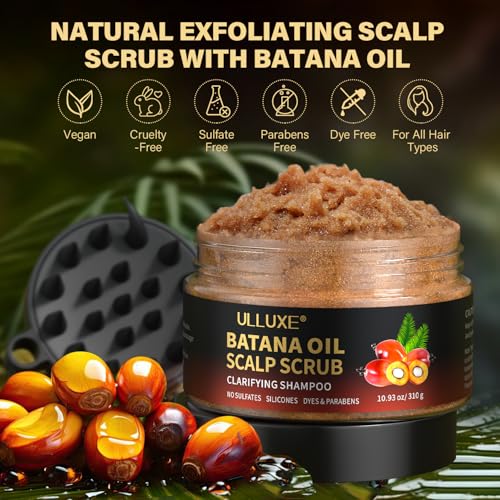 Scalp Scrub for Hair Growth, Scalp Exfoliator with Batana Oil & Rosemary, Deep Scalp Cleanser with Scalp Massager, 2-in-1 Clarifying Shampoo Hair Treatment, Buildup Removal, Itchy Relief, 10.93 oz
