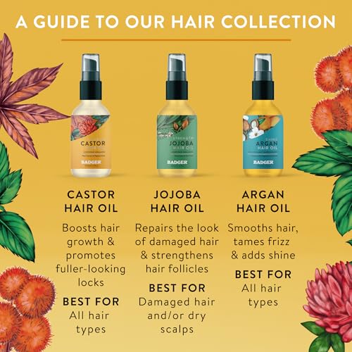 Badger Organic Castor Hair Oil for Thicker Fuller Looking Hair, 100% Organic Castor Oil for Hair Growth & Restoration, Red Clover & Peppermint, Deep Hydrating Hair Oil, 2 fl oz Glass Bottle