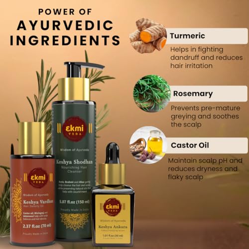 EKMIVEDA Hair Growth Set With Ayurvedic Herbs - Bhringraj, Castor, Amla, Rosemary for Hair Growth. Sulfate Free Hair Thickening Products, 3 Pcs - Oil, Shampoo & Redensyl Serum, 8.45 Fl Oz