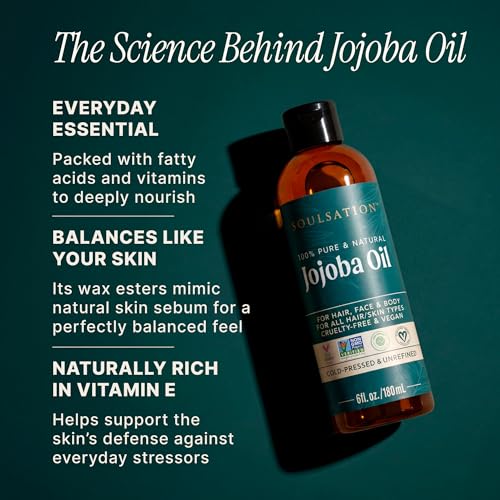 SOULSATION Pure Jojoba Oil for Skin, Hair, Face & Body 100% Natural, Cold Pressed, Unrefined | Non-GMO, EWG Verified, Cruelty-Free, Vegan Moisturizing Oil for Dry Skin, Scalp & Beard 6oz