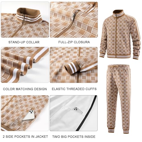 Aiozowa Track Suits for Men Set Plaid Jogging Tracksuit Mens 2 Piece Sweatsuits Jogger Sweat Suits Two Piece Sport Leisure Clothes Outfits Light Brown KEW-KE08-L