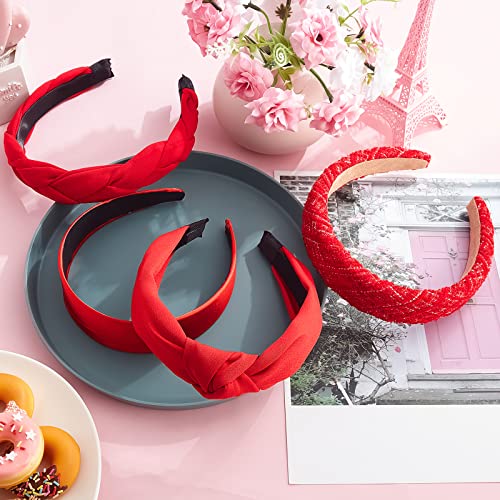 Taiyin 4 Pack Red Headbands for Women, Knotted & Braided Satin Velvet Hairbands, Non Slip Criss Cross Wide Headband Set, Bridal Fashion Hair Accessories, Gift for Mom Women Girls