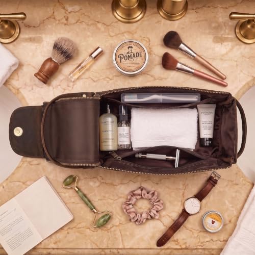 LEATHER VILLAGE Genuine Leather Toiletry Travel Bag For Men & Women, Brown