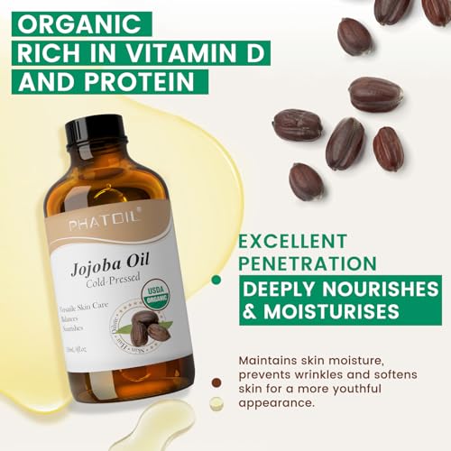 PHATOIL USDA Certified Organic Jojoba Oil for Face, Skin(4 Fl Oz/118ML)