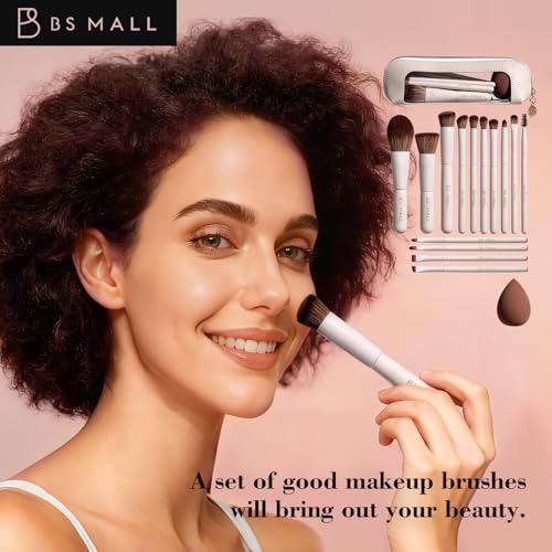 BS-MALL 14 Pcs Makeup Brushes Set with 1 Pcs Makeup Sponge – Essential Foundation Powder Concealers, Eye Shadows, Blush Makeup Brushes with Travel Makeup Case (Beige)