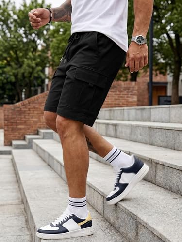 JMIERR Mens Stretch Cargo Shorts Cotton Classic Drawstring Relaxed Fit Extreme Motion Hiking Shorts, L,Black