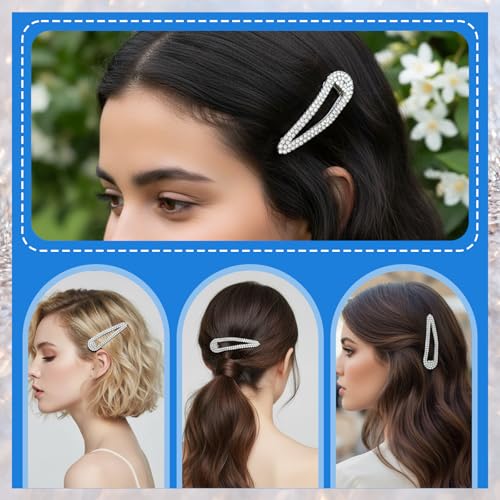 4PCS Rhinestone Hair Clips, Snap Barrettes for Women, Water Drop Crystal Hairs Barrettes, Bling Metal Snap Rhinestone Hairpins, Sparkle Hair Accessories for Women