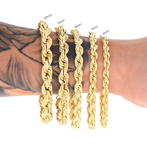 Nuragold 14K Real Yellow Gold Rope Chain Diamond Cut Bracelet Men & Women - 6mm,8.5"