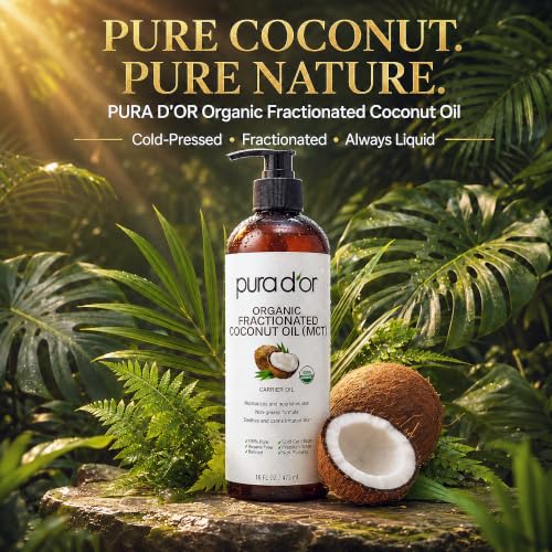 PURA D'OR Fractionated Coconut MCT Oil USDA ORGANIC Skin Hair 16oz